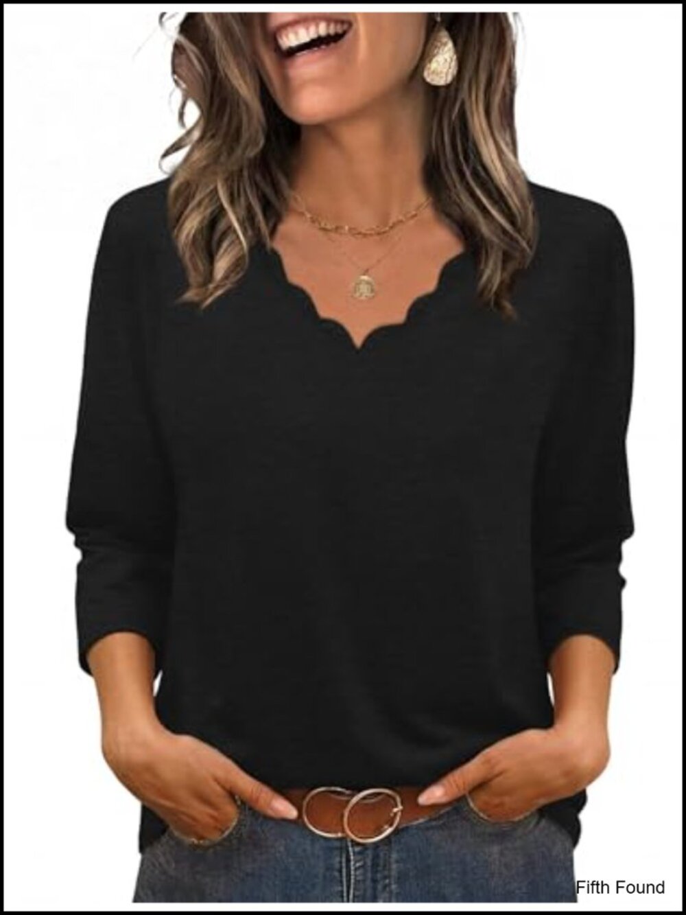 Womens Scalloped V Neck 3/4 Sleeve Blouse Casual Tunic Top
